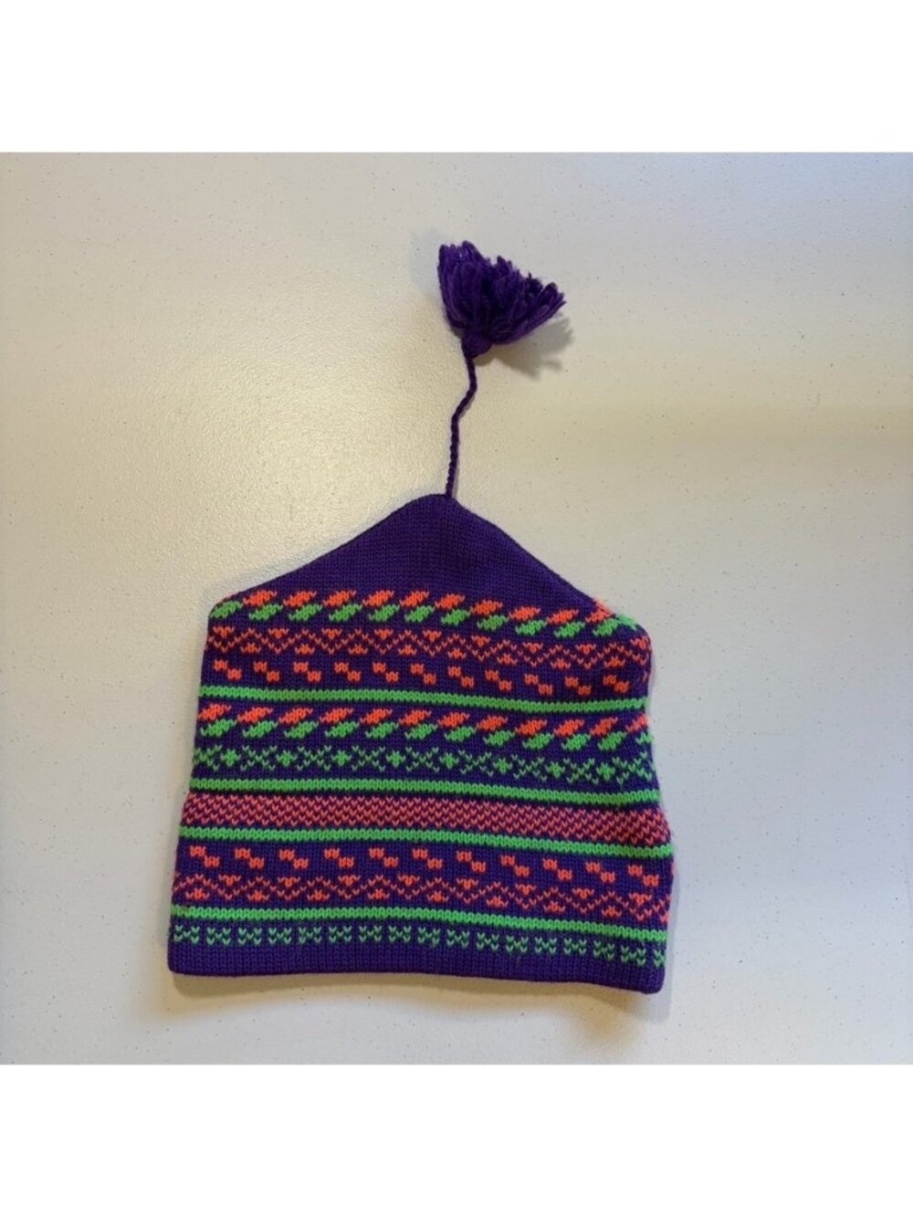 Vintage 1990s Neon Fair Isle Touque Beanie Ski Hat 100% Wool Winter Outerwear
